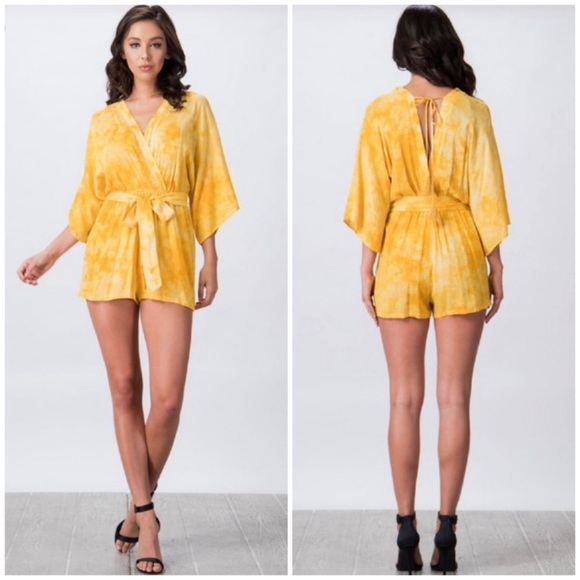 Yellow Tie Dye Surplice Kimono Romper - Picture 1 of 3